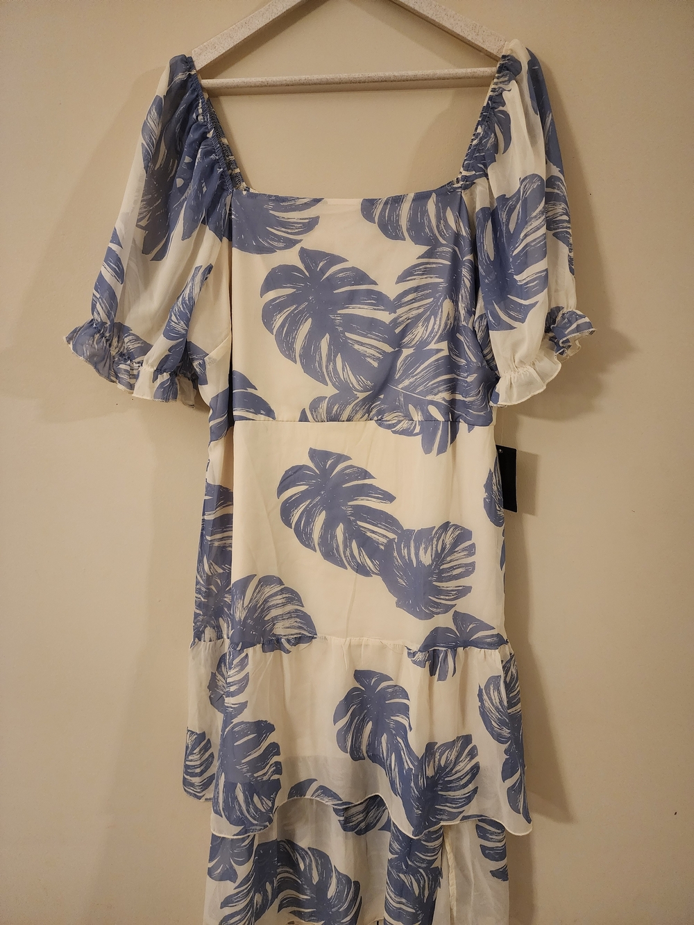 Cream Off-Shoulder High-Low Dress with Blue Leaf Print